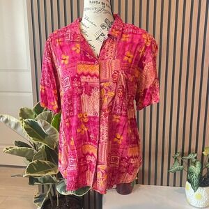 Rebecca‎ Malone Women's Pink Floral Button Up Short Sleeve Shirt Large
